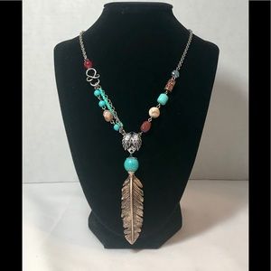 Silver Boho Beaded Turquoise Feather Necklace